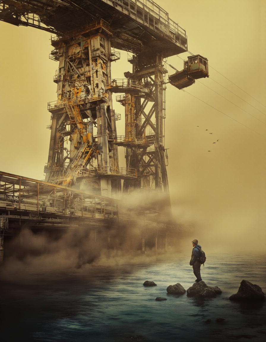 Art by Brooke Shaden. A photo-realistic shoot from a far camera angle about a post-apocalyptic scene featuring a steampunk cityscape with tall, metallic structures and a vast expanse of water. the scene is set in the middle of the image, with a large, industrial structure on the left and a ladder on the right. the structure appears to be made of metal and has intricate designs and patterns. it is surrounded by a dense, foggy atmosphere with a few birds flying in the distance. the sky is a hazy orange color, giving the scene a mysterious and eerie feel. on the foreground, a lone, male figure stands confidently, looking out over the water. he is wearing a hat and carrying a backpack, adding to the sense of mystery and adventure. in the background, a cable car is suspended above the structure, adding a sense of movement and adventure to the scene. the overall atmosphere is reminiscent of a sci-fi fantasy, with the presence of mechanical structures and industrial elements that create a surreal and otherworldly scene.