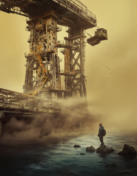 Art by Brooke Shaden. A photo-realistic shoot from a far camera angle about a post-apocalyptic scene featuring a steampunk cityscape with tall, metallic structures and a vast expanse of water. the scene is set in the middle of the image, with a large, industrial structure on the left and a ladder on the right. the structure appears to be made of metal and has intricate designs and patterns. it is surrounded by a dense, foggy atmosphere with a few birds flying in the distance. the sky is a hazy orange color, giving the scene a mysterious and eerie feel. on the foreground, a lone, male figure stands confidently, looking out over the water. he is wearing a hat and carrying a backpack, adding to the sense of mystery and adventure. in the background, a cable car is suspended above the structure, adding a sense of movement and adventure to the scene. the overall atmosphere is reminiscent of a sci-fi fantasy, with the presence of mechanical structures and industrial elements that create a surreal and otherworldly scene.