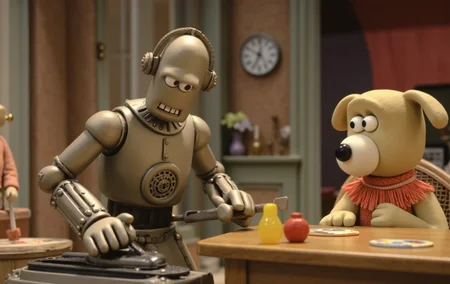 claymation animation of c3p0 ironing some bermuda shorts