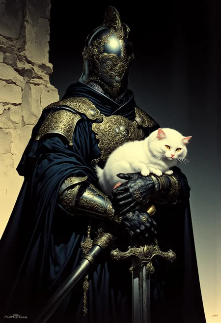 A medieval knight clad in blackened steel armor adorned with intricate gold filigree, standing in a dimly lit stone chamber. The helmet features elaborate gothic engravings, and the visor is slightly raised, revealing piercing blue eyes beneath the shadowed metal. The knight’s gauntleted hand rests on the hilt of a finely crafted sword, the detailed hand meticulously rendered with lifelike precision. Resting on the knight’s left pauldron is a Persian cat with a thick, snow-white coat, its amber eyes glowing softly in the dim light. The cat’s calm, regal posture contrasts with the knight’s rigid, battle-worn stance. The flickering torchlight casts dramatic shadows, emphasizing the intricate details of the armor, the perfect hand, and the rich textures of metal, fur, and stone. (ArsMJStyle, Colored pencil hyperdetailed realism, Art by Frank Frazetta)