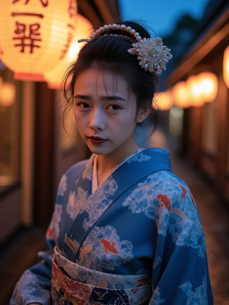 There are wonderful studio lights and various reflections,her thin face is very delicate,
18yo beautiful cute girl with blushing and female orgasm.skin naturally showing the texture of blood vessels and detailed pale skin,(looking at viewer:1.2),
--,
<lora:Kudo_Shizuka_f1_rank2_bf16:0.9>,she is Kudo Shizuka,
--, A geisha in gradient indigo kimono under paper lanterns in Kyoto's Pontocho Alley. Her obi glows with electroluminescent carps swimming through fabric waves sleeves fluttering to reveal pearl-dotted wrists. Patrons at wooden tables blur into ink wash paintings. Raindrops freeze mid-air. Through steamed windows Kamo River reflections warp into calligraphy brushstrokes caressing her silk collar.