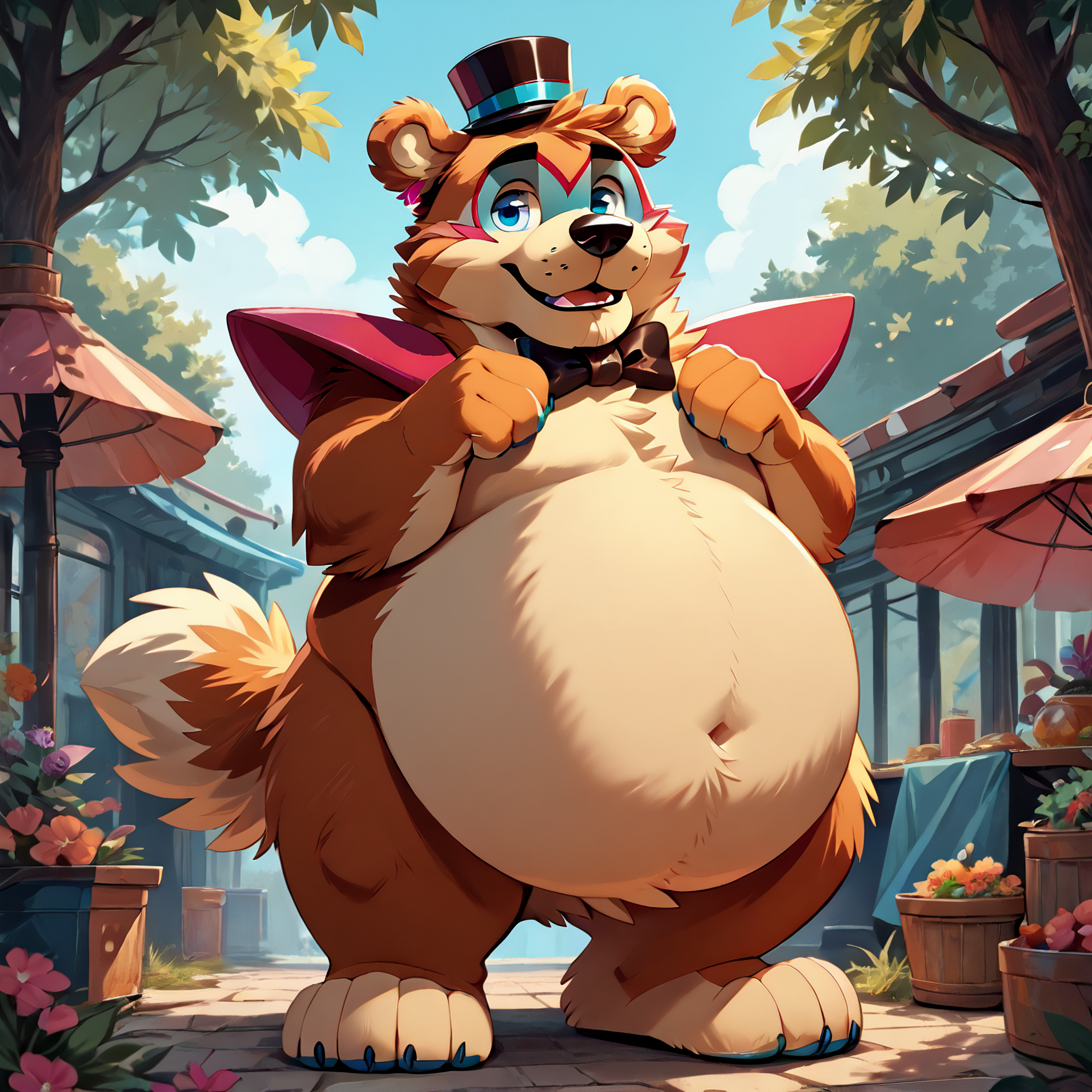 <lora:bigfreddy_ponyxl-10:1>  score_9_up, score_8_up, score_7_up, source_cartoon, best quality, masterpiece, outsude, park, park background, (bigfreddy), bear ears, solo, (looking at viewer), perfect body,  (perfect anatomy),  fluffy paws, (fluffy paws), detailed ears, detailed hands, detailed body, perfect body, (detailed hands),  zPDXL3, detailed hat,  male focus,  nice background, (flat chest), fluffy head:0.8, looking at viewer, cute and chubby round belly, black bowtie
 <lora:zy_Detailed_Backgrounds_v1:1.0>  <lora:HandFixer_pdxl_Incrs_v1:0.5>