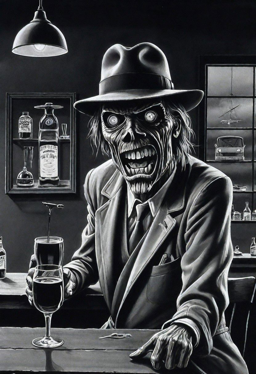 black and white illustration, masterpiece, top quality, best quality, highest quality, highest detailed, Simon Stlenhag Style, hmvi style, close up, Ink art of a monster, in a dark dingy bar by Salvador Dali, smerking mouth, saliva, wearing noir clothing, like a trench coat and fedora, iron maiden poster 1988, an airbrush painting,