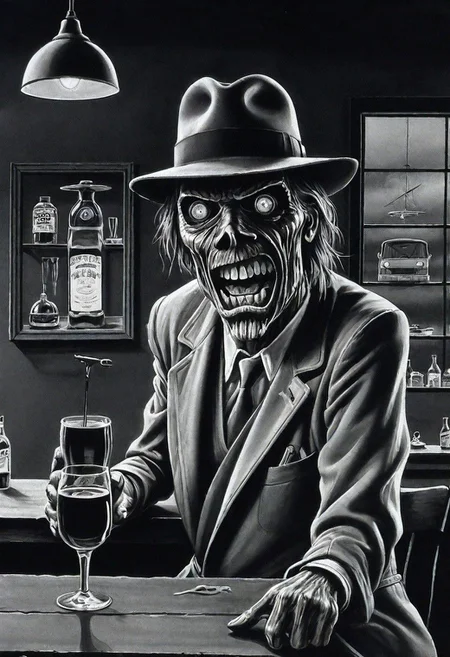 black and white illustration, masterpiece, top quality, best quality, highest quality, highest detailed, Simon Stlenhag Style, hmvi style, close up, Ink art of a monster, in a dark dingy bar by Salvador Dali, smerking mouth, saliva, wearing noir clothing, like a trench coat and fedora, iron maiden poster 1988, an airbrush painting,