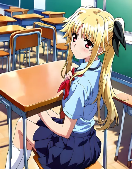 <lora:pony_xl_fate:1>,fate,score_9,score_8_up,score_7_up,source_anime,1girl,solo,cowboy_shot,classroom,summer_uniform,school_uniform,smile,light_blush,wariza,knees_together_feet_apart,sitting_on_desk,