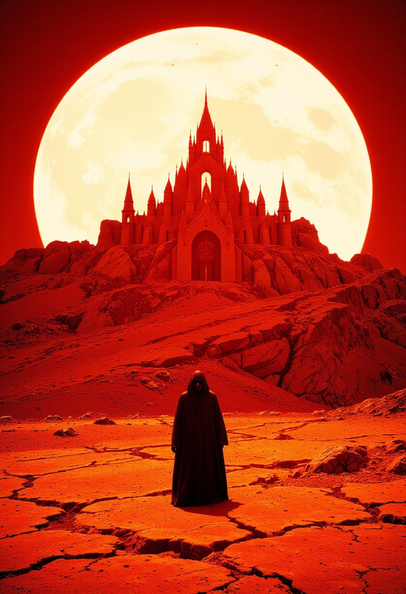 Infrared Photos Style, Imagine a surreal, post-apocalyptic landscape with a towering, gothic castle in the background. The castle, with its intricate spires and arches, is bathed in a warm, golden light, casting long shadows on the ground. The ground below is cracked and barren, with deep fissures running across the dry, arid terrain. In the foreground, a lone figure stands, dressed in a dark, flowing cloak and hood, their identity obscured. The figure is small in comparison to the vast, desolate landscape. The overall color palette is dominated by warm, earthy tones, with the exception of the stark contrast of the figure's dark attire. The texture of the ground is rough and cracked, while the castle's stone walls have a smooth, polished appearance. The image is reminiscent of a fantasy or science fiction setting, with a blend of medieval and futuristic elements, creating a haunting and otherworldly scene. big white moon in the background, dreamlike atmosphere