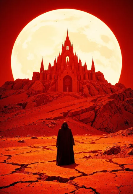 Infrared Photos Style, Imagine a surreal, post-apocalyptic landscape with a towering, gothic castle in the background. The castle, with its intricate spires and arches, is bathed in a warm, golden light, casting long shadows on the ground. The ground below is cracked and barren, with deep fissures running across the dry, arid terrain. In the foreground, a lone figure stands, dressed in a dark, flowing cloak and hood, their identity obscured. The figure is small in comparison to the vast, desolate landscape. The overall color palette is dominated by warm, earthy tones, with the exception of the stark contrast of the figure's dark attire. The texture of the ground is rough and cracked, while the castle's stone walls have a smooth, polished appearance. The image is reminiscent of a fantasy or science fiction setting, with a blend of medieval and futuristic elements, creating a haunting and otherworldly scene. big white moon in the background, dreamlike atmosphere