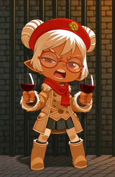 <lora:anatomy_helper:0.8> 1girl, solo, full body, <lora:Bleedman:1> bleedman,
<lora:LilPurah-IL:0.8> prhmini, red eyes, red-framed eyewear, red-framed eyewear, dark-skinned female, white hair, double bun, chibi, pointy ears, winter outfit, long coat, pleated skirt, white pantyhose, boots, scarf, beret,
 prison cell, angry, rage, furious,  half-closed eye, v-shaped eyebrows, open mouth,shouting,, solo,  upper body,  holding wine glass,  looking at viewer,,, extremely detailed, highres, masterpiece, best quality