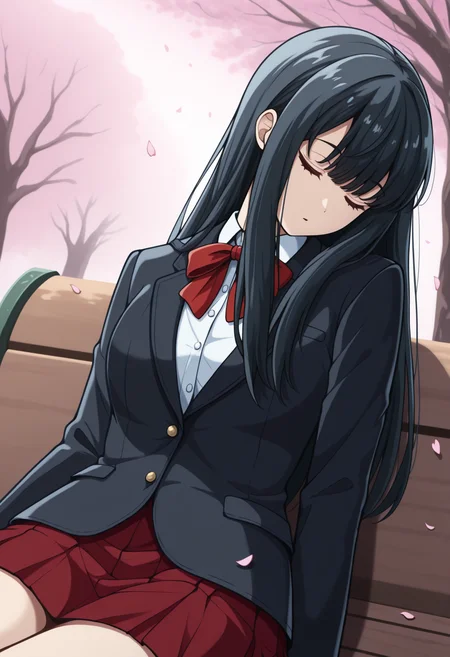 masterpiece, best quality, 1girl, solo, SuzuneInukamiSchool, black hair, long hair, sidelocks, red bowtie, black blazer, red skirt, outdoors, sitting, on bench, cherry blossoms, falling petals, sleeping, head tilt, dutch angle, <lora:ChamSuzuneInukamiIllustriousXL:1>