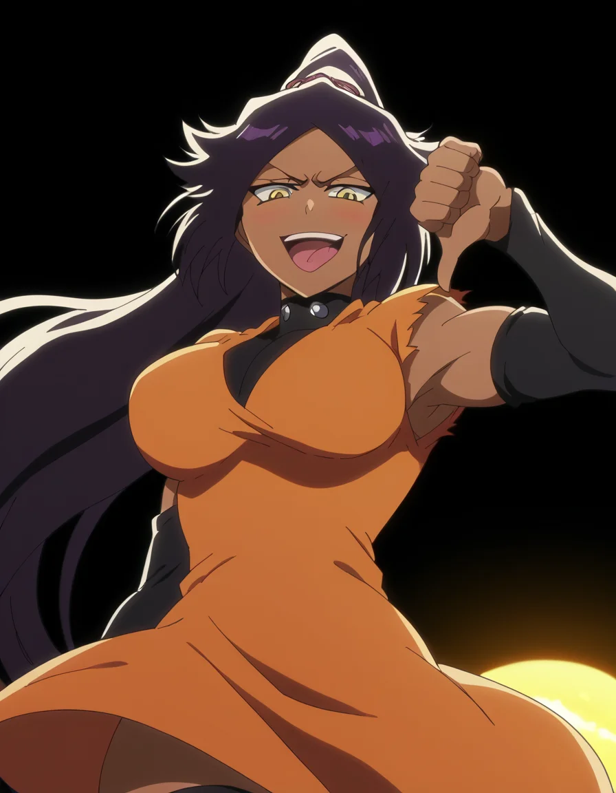 score_9, score_8_up, score_7_up, source_anime, <lora:yoruichi-shihouin-tybw-ponyxl-lora-nochekaiser:1>, yoruichi shihouin, long hair, black hair, ponytail, dark skin, dark-skinned female, high ponytail, yellow eyes, large breasts, anime screencap, dress, orange dress, thighhighs, black thighhighs, detached sleeves, zettai ryouiki,, rooftop, sunset, cityscape, quiet moment, wind blowing, contemplative, smile, <lora:thumbs-down-ponyxl-lora-nochekaiser:1>, thumbs down, blush, from below, smug, tongue, tongue out, open mouth, black background, looking at viewer, solo,, cowboy shot, solo