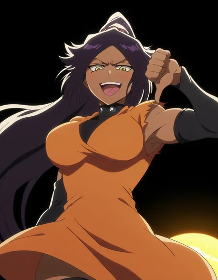 score_9, score_8_up, score_7_up, source_anime, <lora:yoruichi-shihouin-tybw-ponyxl-lora-nochekaiser:1>, yoruichi shihouin, long hair, black hair, ponytail, dark skin, dark-skinned female, high ponytail, yellow eyes, large breasts, anime screencap, dress, orange dress, thighhighs, black thighhighs, detached sleeves, zettai ryouiki,, rooftop, sunset, cityscape, quiet moment, wind blowing, contemplative, smile, <lora:thumbs-down-ponyxl-lora-nochekaiser:1>, thumbs down, blush, from below, smug, tongue, tongue out, open mouth, black background, looking at viewer, solo,, cowboy shot, solo
