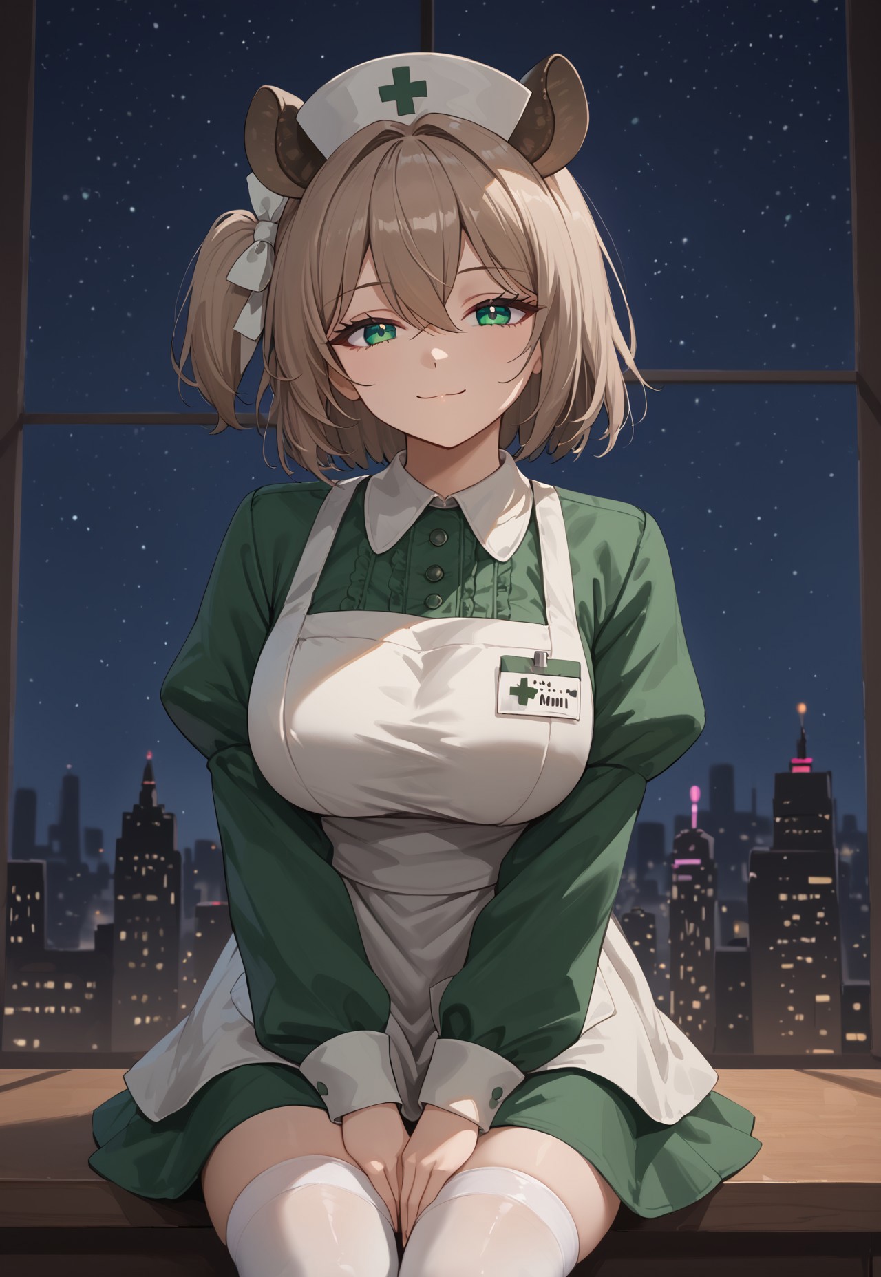 safe_pos, 1girl, solo, solo focus, highres, absurdres, NimiNightmare, nurse cap, green eyes, bangs, animal ears, brown hair, hair between eyes, short hair, one side up,

large breasts, white apron, green dress, long sleeves, collared dress, puffy sleeves, white thighhighs,

looking at viewer, closed mouth, smug, head tilt,

cityscape, neon lights, window, dark, night, night sky, light particles, backlighting, 