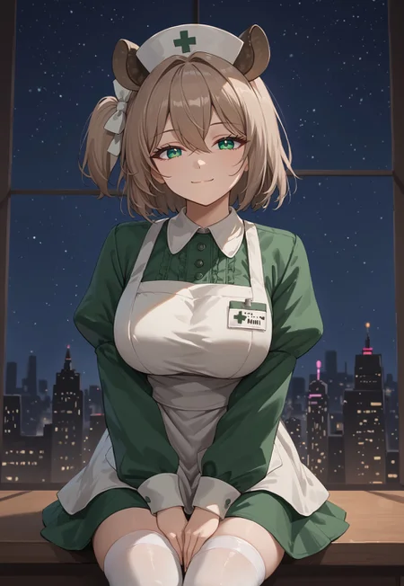 safe_pos, 1girl, solo, solo focus, highres, absurdres, NimiNightmare, nurse cap, green eyes, bangs, animal ears, brown hair, hair between eyes, short hair, one side up,
large breasts, white apron, green dress, long sleeves, collared dress, puffy sleeves, white thighhighs,
looking at viewer, closed mouth, smug, head tilt,
cityscape, neon lights, window, dark, night, night sky, light particles, backlighting,