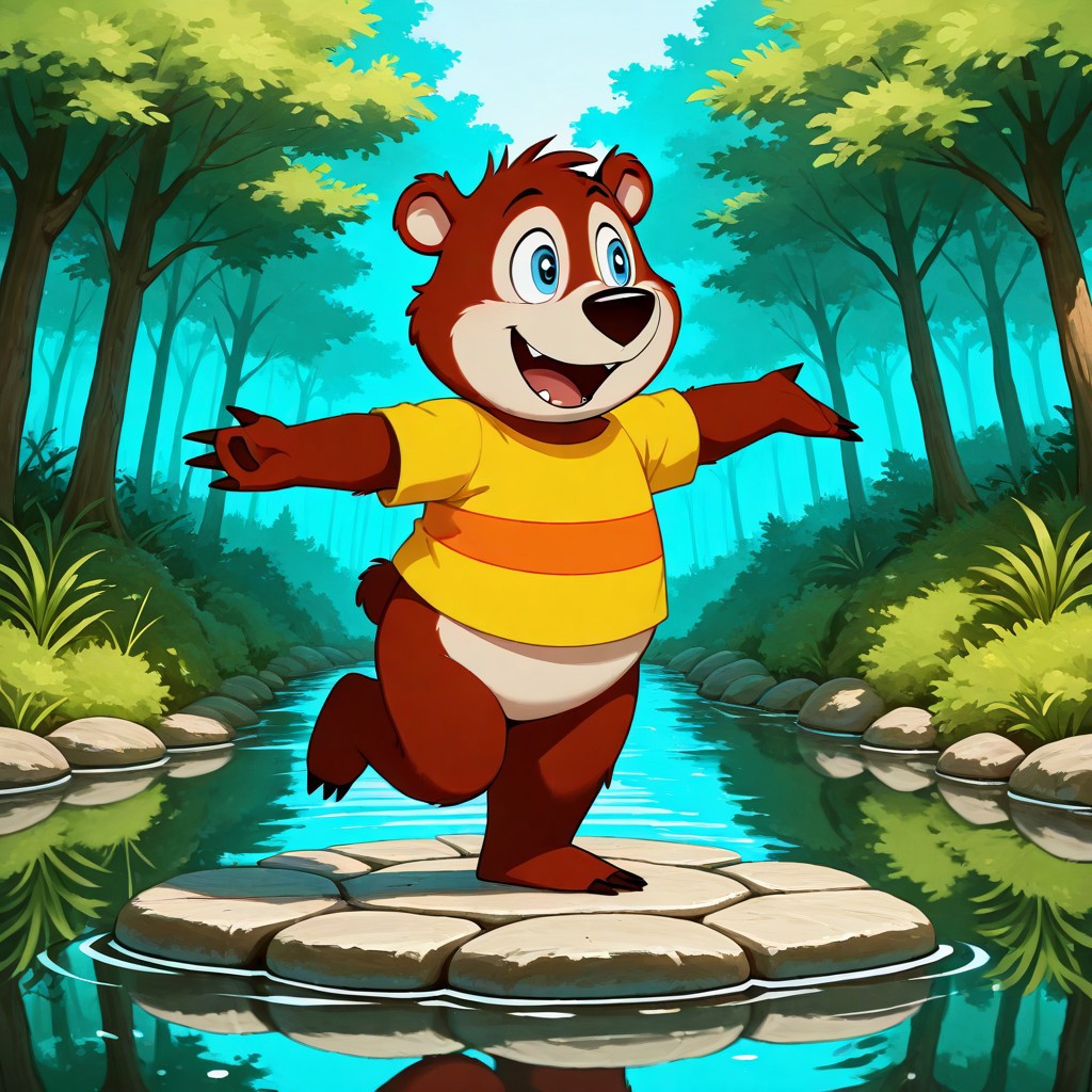 1boy, male focus, furry, blue eyes, bear, striped shirt, yellow shirt, cartoon, one-red stripe, short sleeves, solo, no humans, striped, happy, open mouth, jumping across stepping stones in a forest stream, smiling wide, leg up, looking around,
BREAK best quality, amazing quality, very aesthetic, absurdres, newest, masterpiece, mischievous,