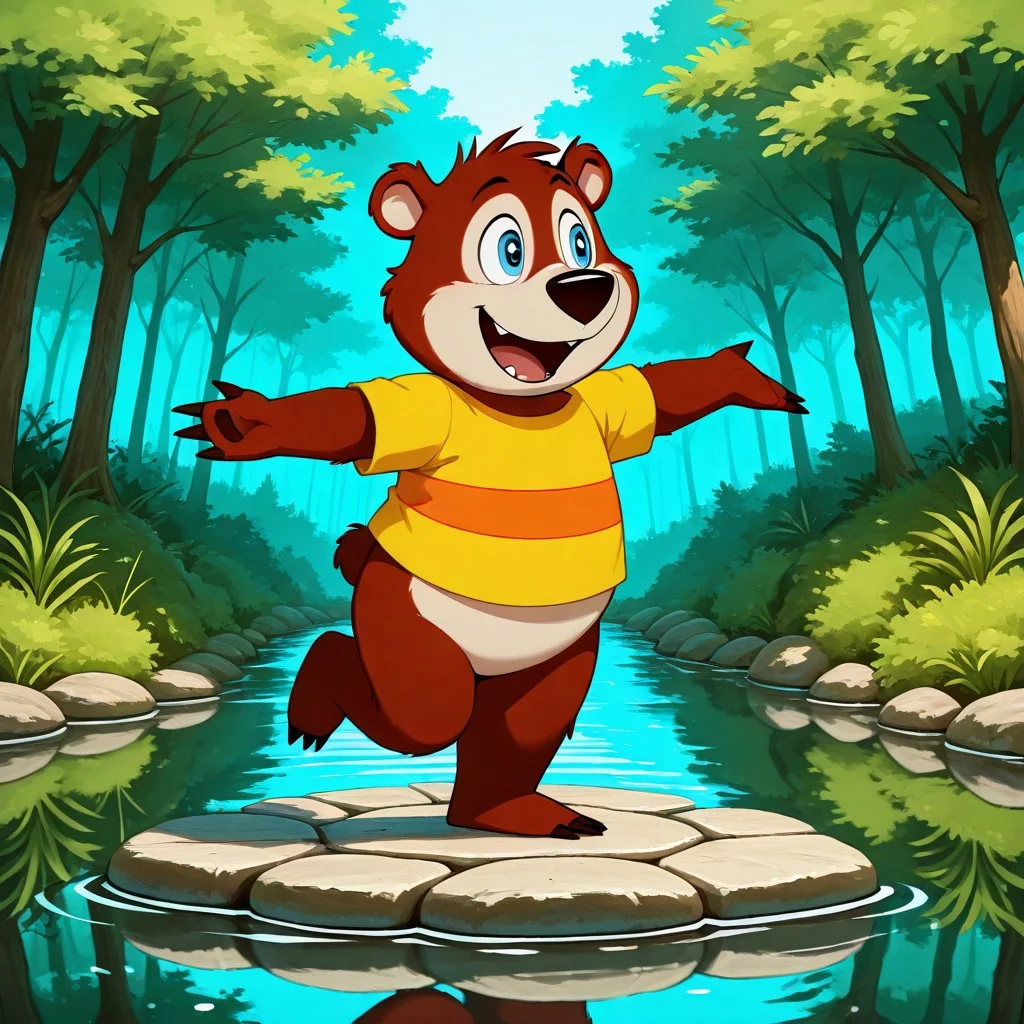 1boy, male focus, furry, blue eyes, bear, striped shirt, yellow shirt, cartoon, one-red stripe, short sleeves, solo, no humans, striped, happy, open mouth, jumping across stepping stones in a forest stream, smiling wide, leg up, looking around,
BREAK best quality, amazing quality, very aesthetic, absurdres, newest, masterpiece, mischievous,