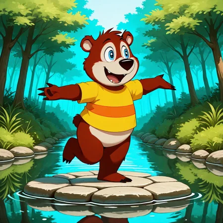 1boy, male focus, furry, blue eyes, bear, striped shirt, yellow shirt, cartoon, one-red stripe, short sleeves, solo, no humans, striped, happy, open mouth, jumping across stepping stones in a forest stream, smiling wide, leg up, looking around,
BREAK best quality, amazing quality, very aesthetic, absurdres, newest, masterpiece, mischievous,
