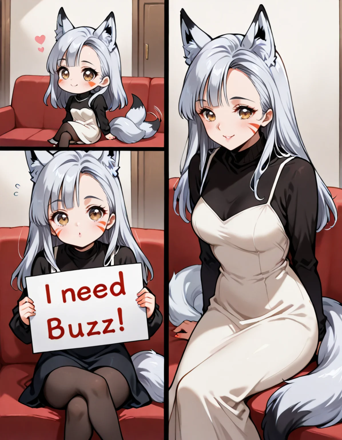 masterpiece,best quality,amazing quality,ultra detailed,very aesthetic,absurdres,sofa,(throwing kiss:1.3),<lora:selma_IL_V1>,selma,silver hair,long hair,brown eyes,golden eyes,fox ears,(nine-tailed fox:1.2),tights,long_fingernails,tail_wagging,motion_blur,motion_lines,whisker_markings,leaning_forward,chibi,sitting_on_chair,crossed_legs,giggling,smile,looking_at_viewer,<lora:need_buzz_sign:1>,need_buzz,(chibi is holding a sign:1.2),casual,long_dress,