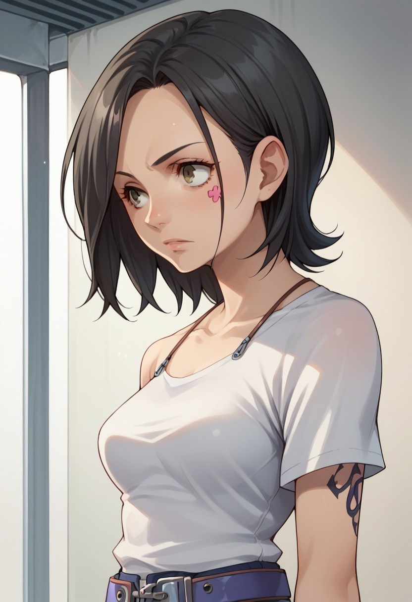 score_9, score_8_up, score_7_up, source_anime, highly detailed,
talho, 1girl, solo, black hair, short hair, t-shirt, belt, tattoo on face, upper body,
indoor,