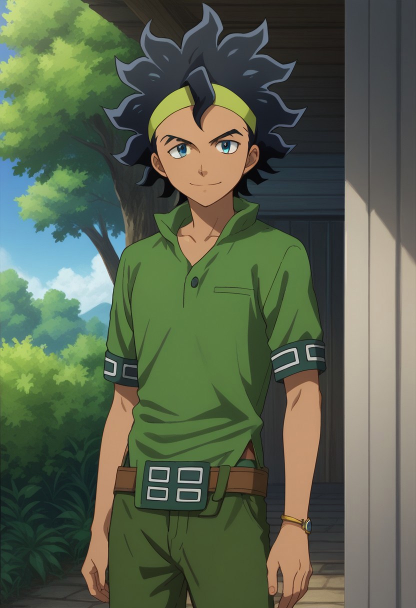 score_9, score_8_up, score_7_up, source_anime, highly detailed, 
kurama, 1boy, solo, male focus, black hair, dark skin, dark-skinned male, belt, looking at viewer, standing, headband, short sleeves, green pants, pants, blue eyes, shirt, smile, green shirt, bracelet, upper body
outdoor, sky, tree