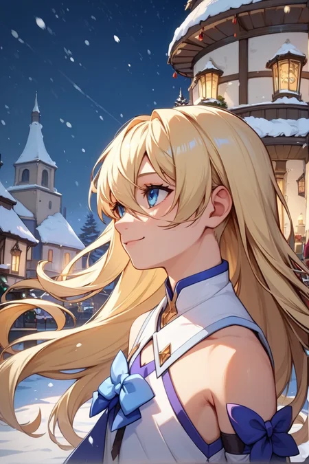 score_9, score_8_up, score_7_up, very aesthetic, source_anime, detailed, high quality, beautiful, masterpiece, detailed eyes,
<lora:lightXL:0.8>
village, night, snow,
cowboy shot, dynamic angle, upper body,
looking up, from side, light smile,
<lora:coletteA_autismConfetti_v03:1>
colette brunel, blonde hair, blue eyes, long hair, hair between eyes, short dress, bare shoulders, detached sleeves, ribbon, white footwear, (wide sleeves:0.5), footwear ribbon, zPDXL