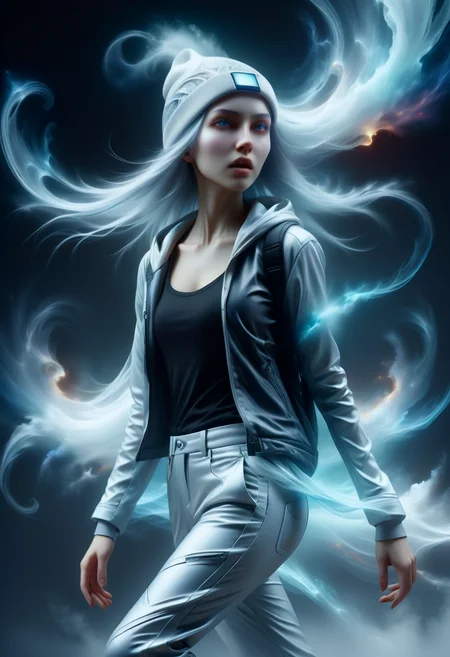 hyper detailed masterpiece, dynamic realistic digital art, awesome quality, DonMB4nsh33XL otherworldly nebulous pale girl, augmented reality trousers, cyber-silk camisole, plasma-infused beanie, , dissolving into mist, screaming in agony <lora:DonMB4nsh33XL-v1.1-000004:0.8>