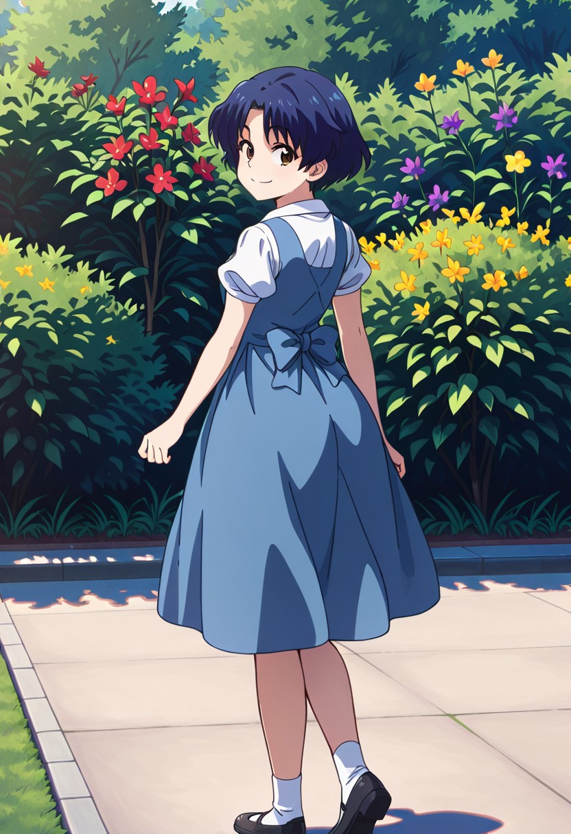 masterpiece, best quality, amazing quality, dynamic view,  solo, dynamic view,  solo, 1girl, masterpiece, best quality, bokeh, luminescent background, 
( akanetendou,   
dark blue hair, short hair, parted bangs, brown eyes, small breasts,  
  blue dress, pinafore dress, sleeveless dress, white shirt, collared shirt, puffy short sleeves, white socks, black shoes,
,   ), 
solo, from behind, outdoors, garden, flower, red flower, blue flower, purple flower, yellow flower, looking back, smile