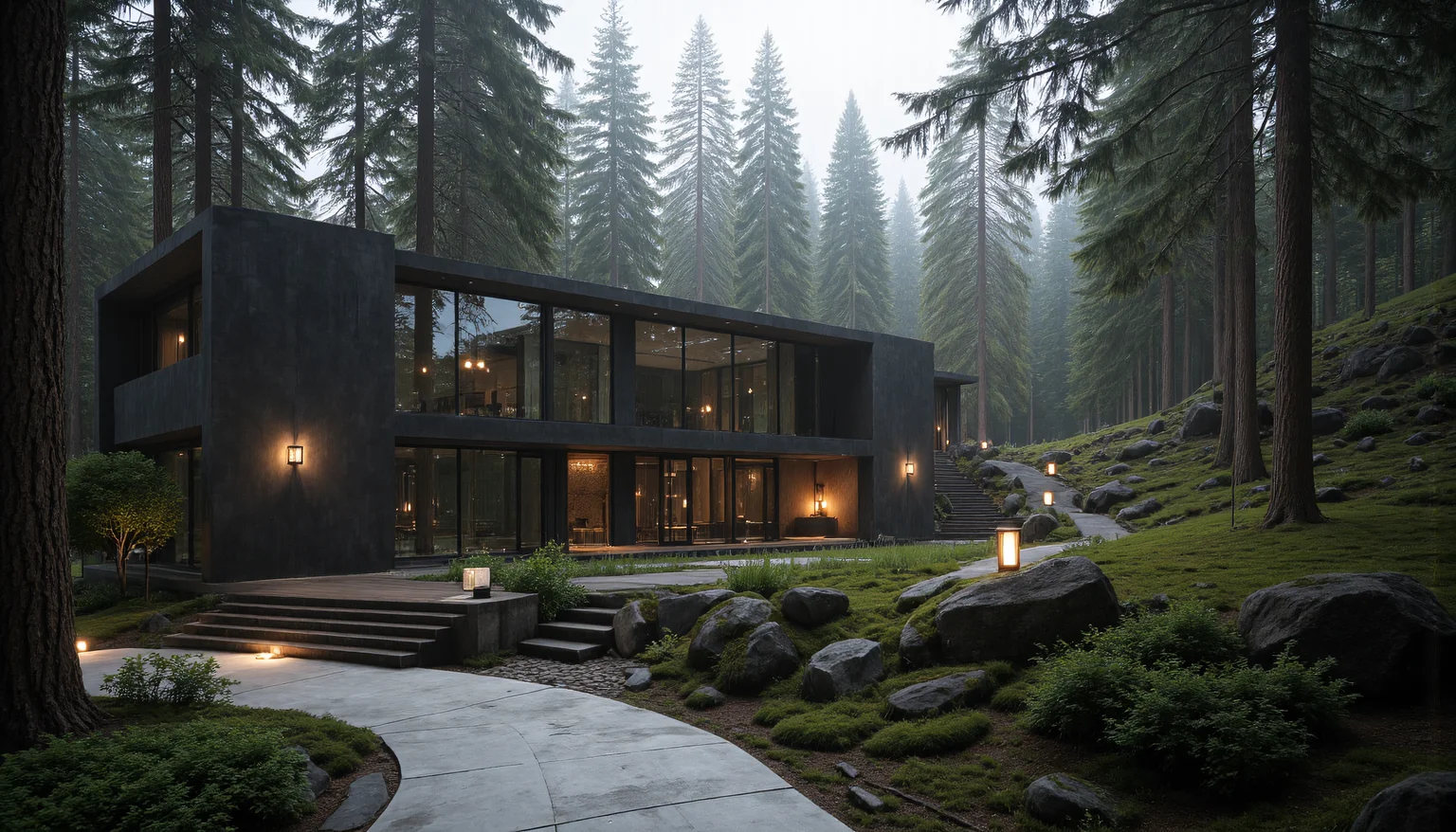 A serene, modernist retreat nestled within a misty forest, featuring expansive glass walls and sleek architectural lines. The buildingâs minimalist design includes dark gray and natural wood materials that harmonize with the surrounding nature. Outside, a smooth stone pathway leads to a wooden staircase, subtly integrated into a meticulously landscaped rock garden with moss-covered stones and lush green shrubs. Tall trees with lantern-style lights add a touch of soft, ambient illumination, enhancing the tranquil atmosphere. Overcast lighting filters through the dense foliage, casting gentle shadows on the scene. Render in the style of Tadao Ando, capturing his emphasis on harmony between architecture and nature, with a hint of Ansel Adams' moody black-and-white contrast. aidmaHyperrealism <lora:aidmaHyperrealismv0.3:0.6>  <lora:Sinfully_Stylish_.02_for_FLUX:0.6> in the style of Jed-clrfl <lora:flux-colourful:0.3>  <lora:FluxDFaeTasticDetails:0.6>