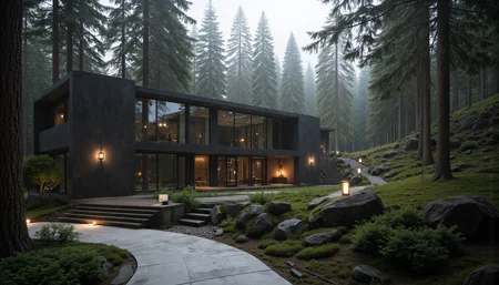 A serene, modernist retreat nestled within a misty forest, featuring expansive glass walls and sleek architectural lines. The buildingâs minimalist design includes dark gray and natural wood materials that harmonize with the surrounding nature. Outside, a smooth stone pathway leads to a wooden staircase, subtly integrated into a meticulously landscaped rock garden with moss-covered stones and lush green shrubs. Tall trees with lantern-style lights add a touch of soft, ambient illumination, enhancing the tranquil atmosphere. Overcast lighting filters through the dense foliage, casting gentle shadows on the scene. Render in the style of Tadao Ando, capturing his emphasis on harmony between architecture and nature, with a hint of Ansel Adams' moody black-and-white contrast. aidmaHyperrealism <lora:aidmaHyperrealismv0.3:0.6> <lora:Sinfully_Stylish_.02_for_FLUX:0.6> in the style of Jed-clrfl <lora:flux-colourful:0.3> <lora:FluxDFaeTasticDetails:0.6>