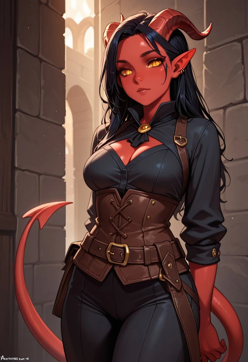 masterpiece, best quality, amazing quality, 1girl, tiefling, pointy ears, horns, tail, looking at viewer, red skin,