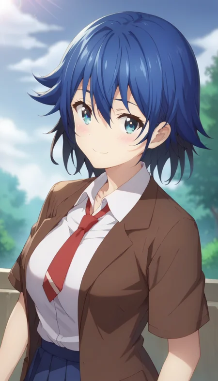 score_9,score_8_up,score_7_up,score_6_up BREAK official art,solo,outdoors,upper body,(portrait:1.5),looking at viewer,facing viewer,smile,blush,Houya Chiya,short hair,blue hair,hair between eyes,bangs,blue eyes,collarbone,brown jacket,Blazer,wing collar,red necktie,collared shirt,white shirt,short sleeves,medium breasts,skindentation,shirt tucked in,miniskirt,blue skirt,pleated skirt,black socks,loafers,<lora:Houya Chiya(dhh)-Pony:1.4>,