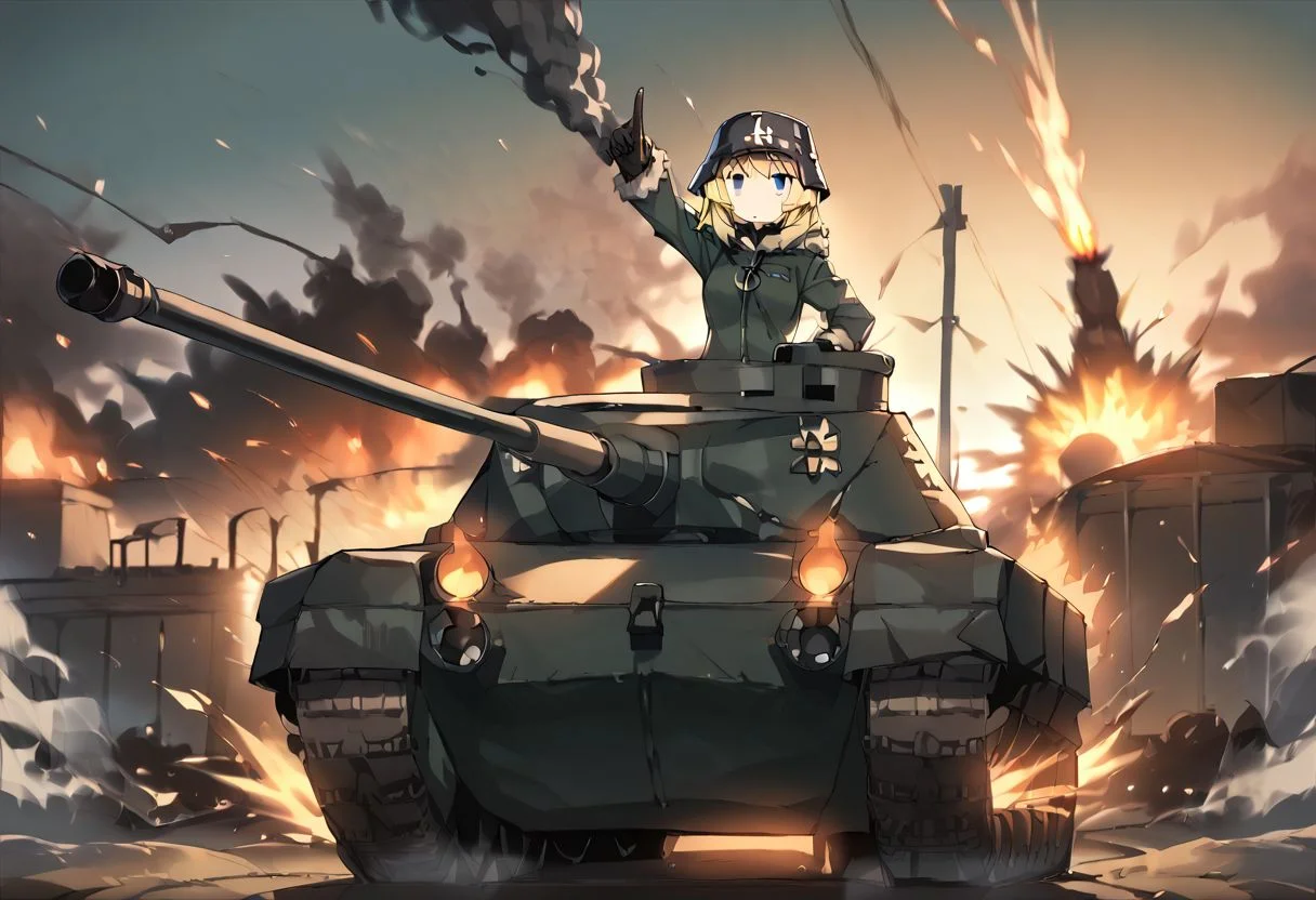 score_9, score_8_up, score_7_up, source_anime,
1girl, solo, tank, panther tank, tank commander, ground vehicle, military vehicle, caterpillar tracks, Yuuri \(GLT\), blond, blue eyes, military helmet, military uniform, pointing, outdoors, scenery, smoke, fire, explosion,