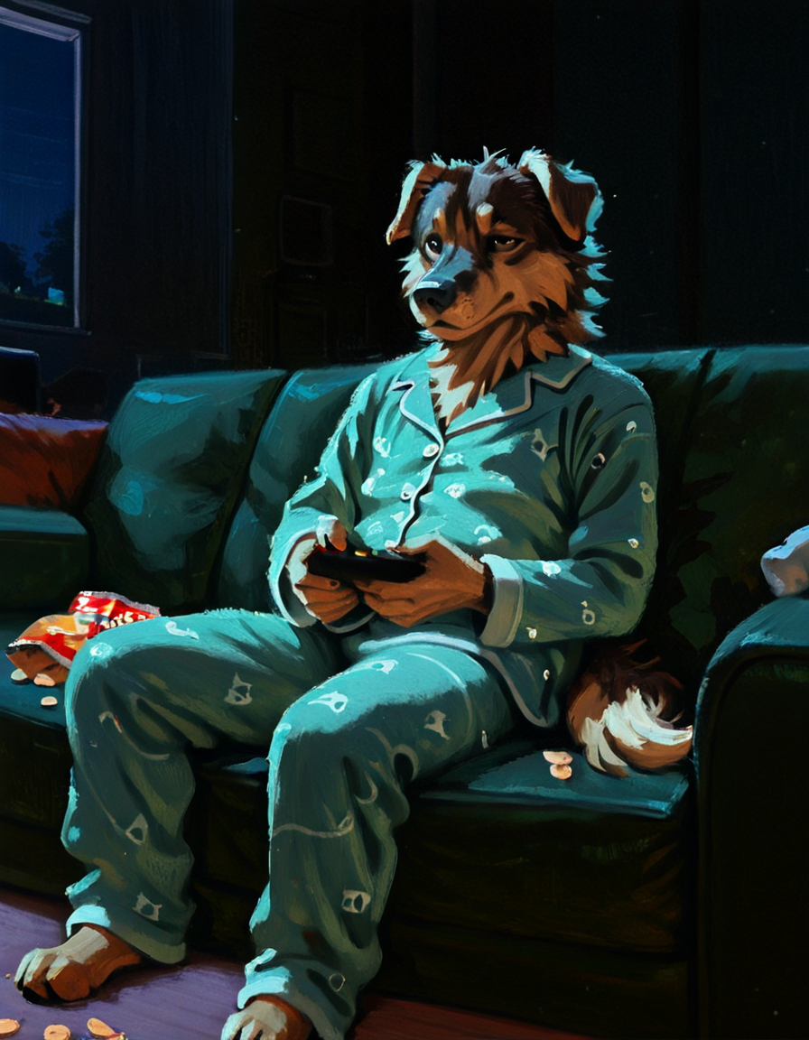 oil painting, 
masterpiece, best quality,
dog, brown fur, sitting on a green sofa, sitting, green sofa, watching TV, night time, tv light, wearing pajamas, pajamas, tired, bored, remote in hand, slouching, potato chips crumbs on floor, adult, floppy ears, dark room, gloomy, male, blue glow,
<lora:Traditional_Art_v2.5-000010:1>âââ