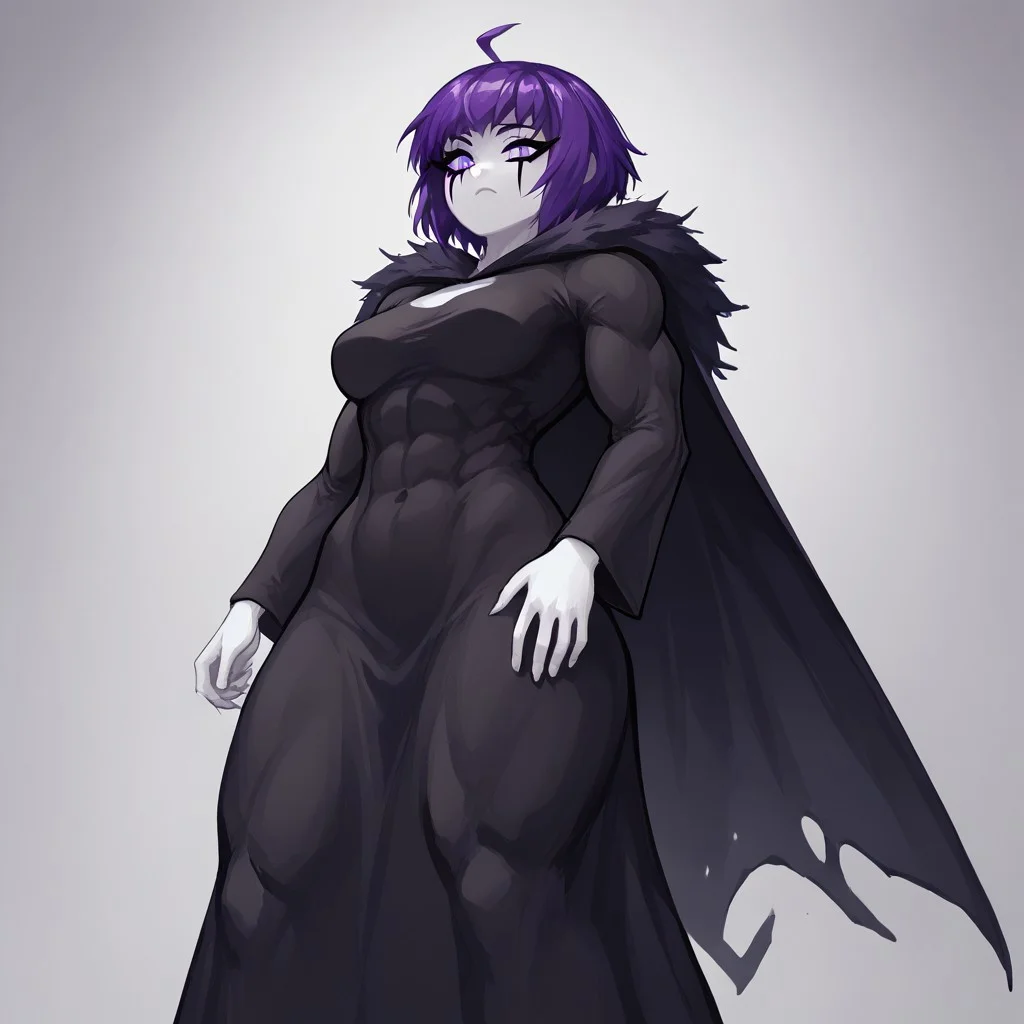 (masterpiece, score_9, score_8_up, score_8:1.3), eve_the_sorceress, solo, purple hair, 1girl, short hair, colored skin, purple eyes, ahoge, bangs, (long dress:1.1), black dress, long sleeves, wide sleeves, (white face:1.3), white hands, cape, thick thighs, (fur trim around shoulders:0.2), medium breasts, makeup, (muscular female:0.2), (shortstack:0.5), (dark skin:0.5), (torn clothes:0.5), ng_deepnegative_v1_75t, SimpleNegativeV3, from below, (from side:0.6)