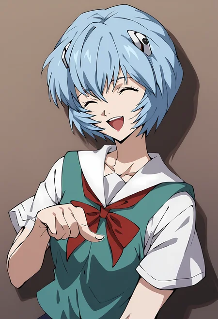 pose,solo,closed eyes,pointing,open mouth,smile, score_9, score_8_up, <lora:r31ayanam1XL_Pony_v1:1> r31ayanam1, 1girl, blue hair, red eyes, short hair, middle school uniform