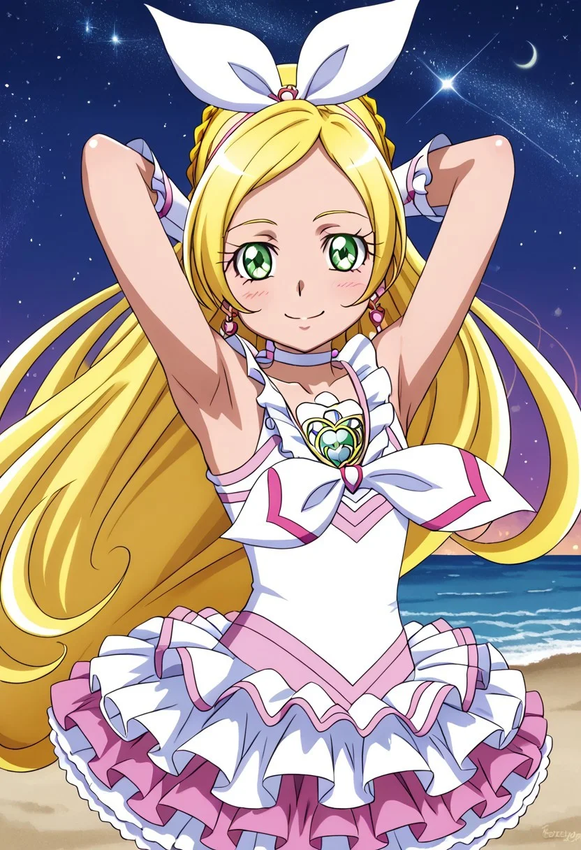 detailed background, shiny skin, rating safe,
<lora:curerhythm.pony:1>
curerhythm,
shiny skin, high quality, solo, looking at viewer, solo, {contrapposto}, spread armpit, arms behind head, blushing, looking at viewer, cowboy shot, closed mouth, night sky, beach, looking at viewer, best quality, smile,