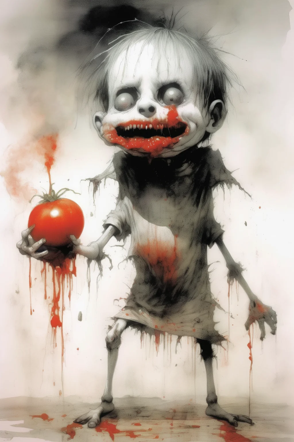 <lora:Stephen Gammell Style:1>Stephen Gammell Style - stephen gammell illustration of a fugly boy eating a rotten goopy tomato