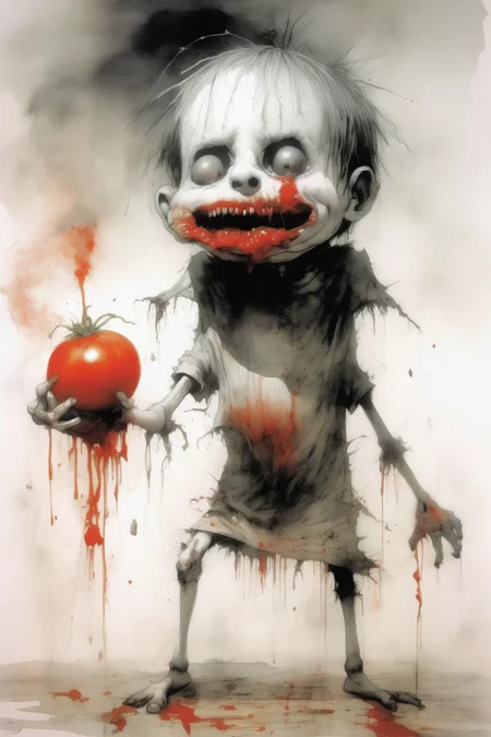 <lora:Stephen Gammell Style:1>Stephen Gammell Style - stephen gammell illustration of a fugly boy eating a rotten goopy tomato