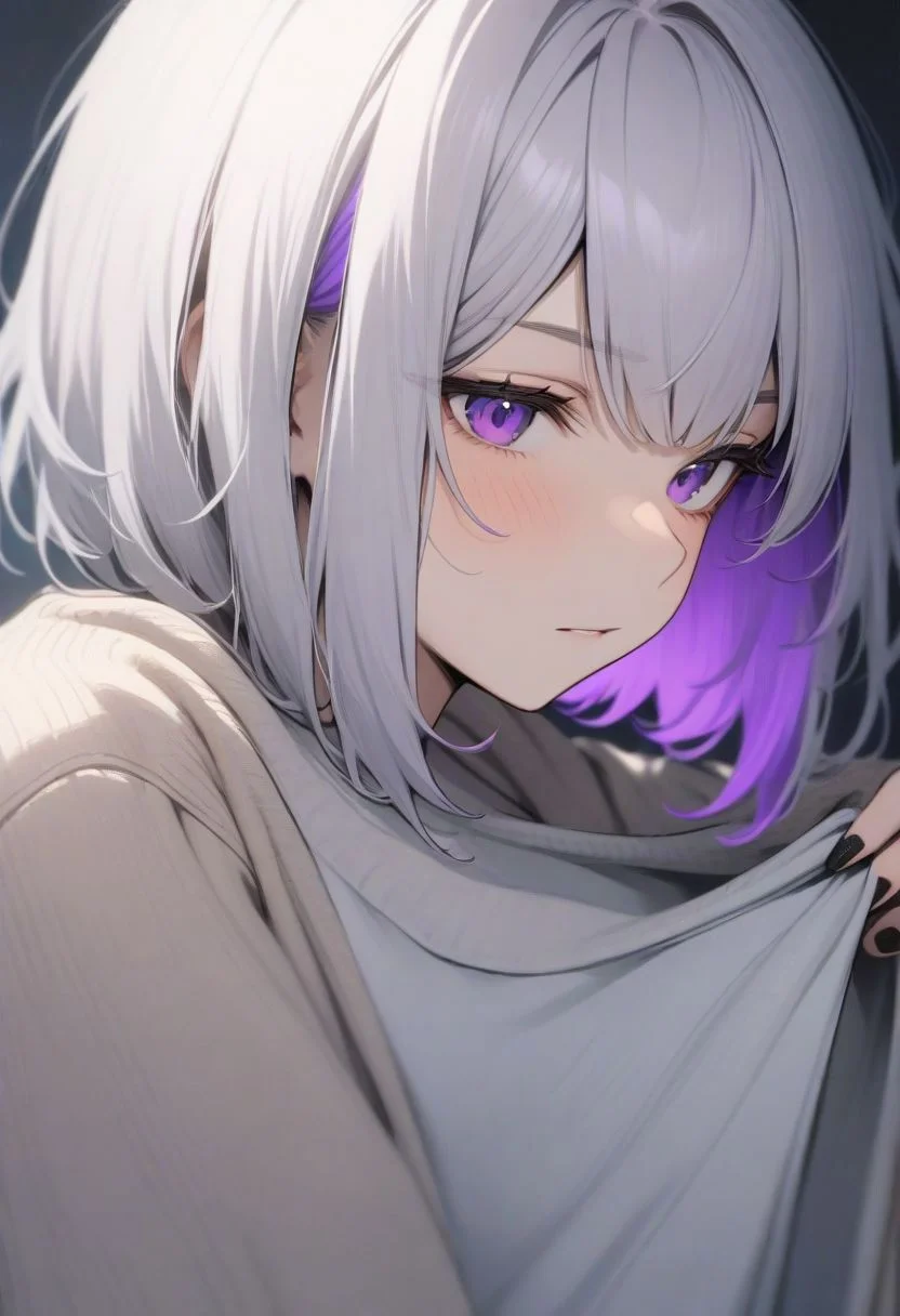 1girl,
masterpiece, best quality, very aesthetic, absurdres,
purple eyes,multicolored hair,portrait, white hair, inner hair, purple inner hair, purple inner, short hair,
black nail, HDA_flipped hair,
medium_breasts,
oversized shirts, shirt pull down, underwear