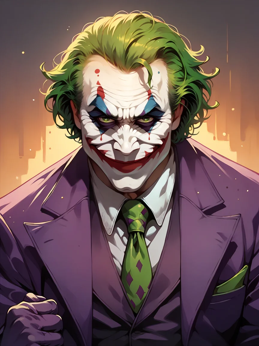 score_9, score_8_up, score_7_up, score_6_up, score_5_up, <lora:thejokerXLP:1> the joker, 1boy, solo, green hair, suit, smile, formal, clown, necktie, gloves, green eyes