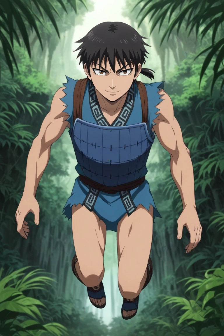 score_9, score_8_up, score_7_up, source_anime, rating_safe, intricate details, anime screencap, , , , , 1boy, solo, male focus, <lora:xin_kingdom_pony:0.78>, xin_kingdom, black hair, brown eyes, short hair, low ponytail, , armor, symmetry, jungle, rainforest, ruins, light, jumping, naughty smile, , <lora:sdxl_lightning_8step_lora:1>