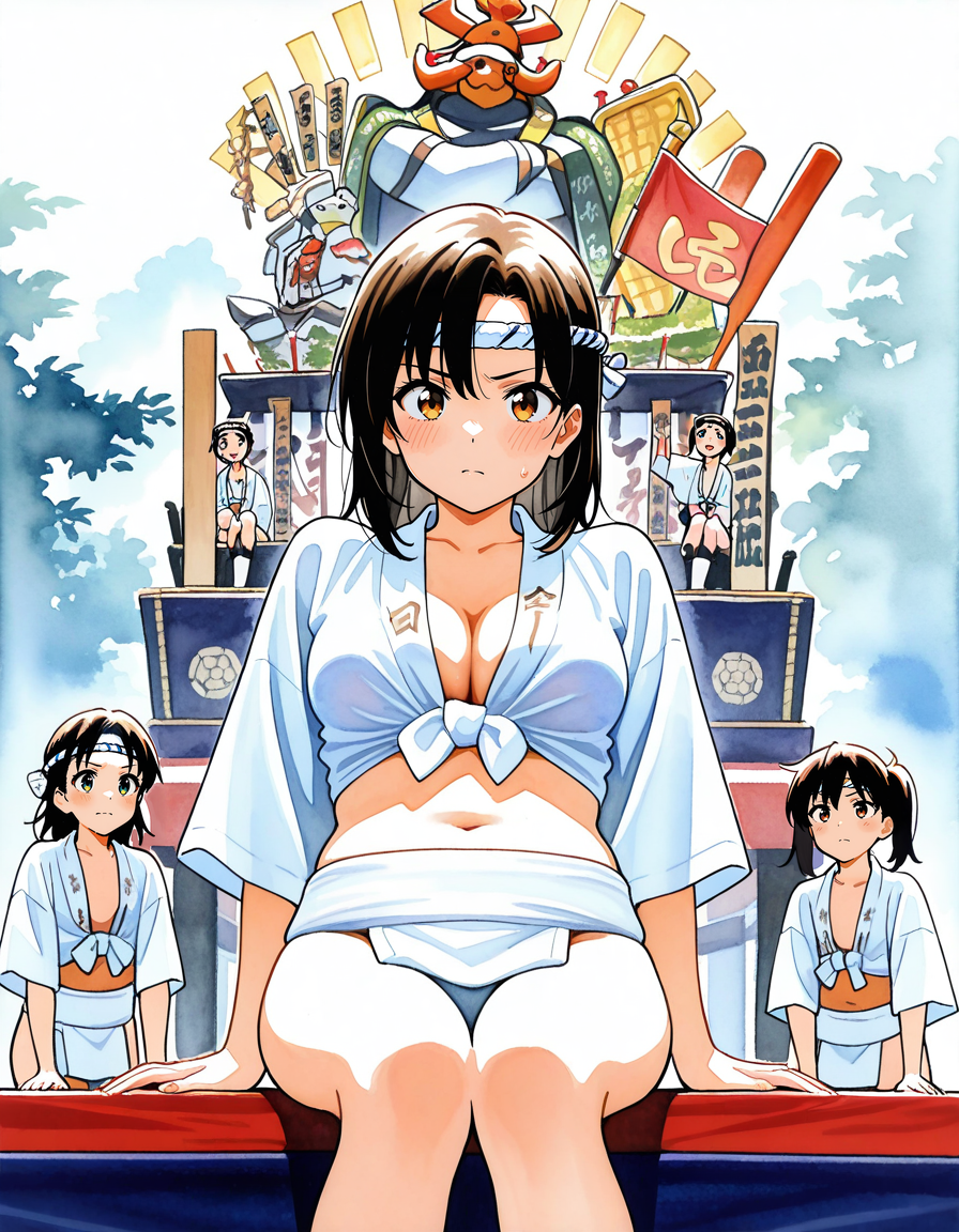 score_7_up, anime BREAK official art, 
<lora:yamakasa-000007:1>, yamakasa, 
sitting, multiple girls, parade float, kakiyama, navel, hachimaki, mizuhappi, 3girls, 
(masterpiece:1.3), best quality, high resolution, unity 8k wallpaper, extremely detailed CG, 8K, (watercolor \(medium\), muted color, sketch:1.1), perfect anatomy, highly finished, masterpiece, best quality, high quality, amazing quality, great quality, very aesthetic, ultra detailed, highres, absurdres, highly detailed, highly detailed background,
