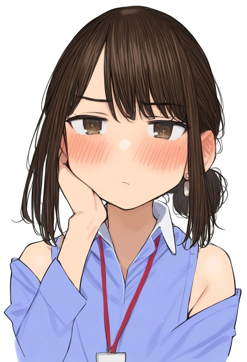 yomu (sgt epper), douki-chan (douki-chan), ganbare douki-chan, 1girl, cute, kawaii, face focus, face close up, blue shirt, blush, brown eyes, brown hair, collared shirt, cropped shoulders, earrings, jewelry, jitome, lanyard, looking at viewer, office lady, bored, expresionless, blush, shirt, simple background, solo, white background, zPDXL3