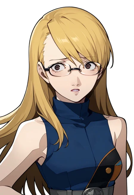 score_9, score_7_up, source_anime, 1girl, cowboy shot, looking at viewer, parted lips, hand on own hip, <lora:zs_P3ReloadPortraitsXL:1> p3reloadportraits, portrait, white background, <lora:AdrianAA-pdxl:1> andrews, blonde hair, long hair, asymmetrical bangs, brown eyes, glasses, sleeveless shirt, medium breasts, blue shirt, turtleneck, grey belt, green pants, nervous expression,