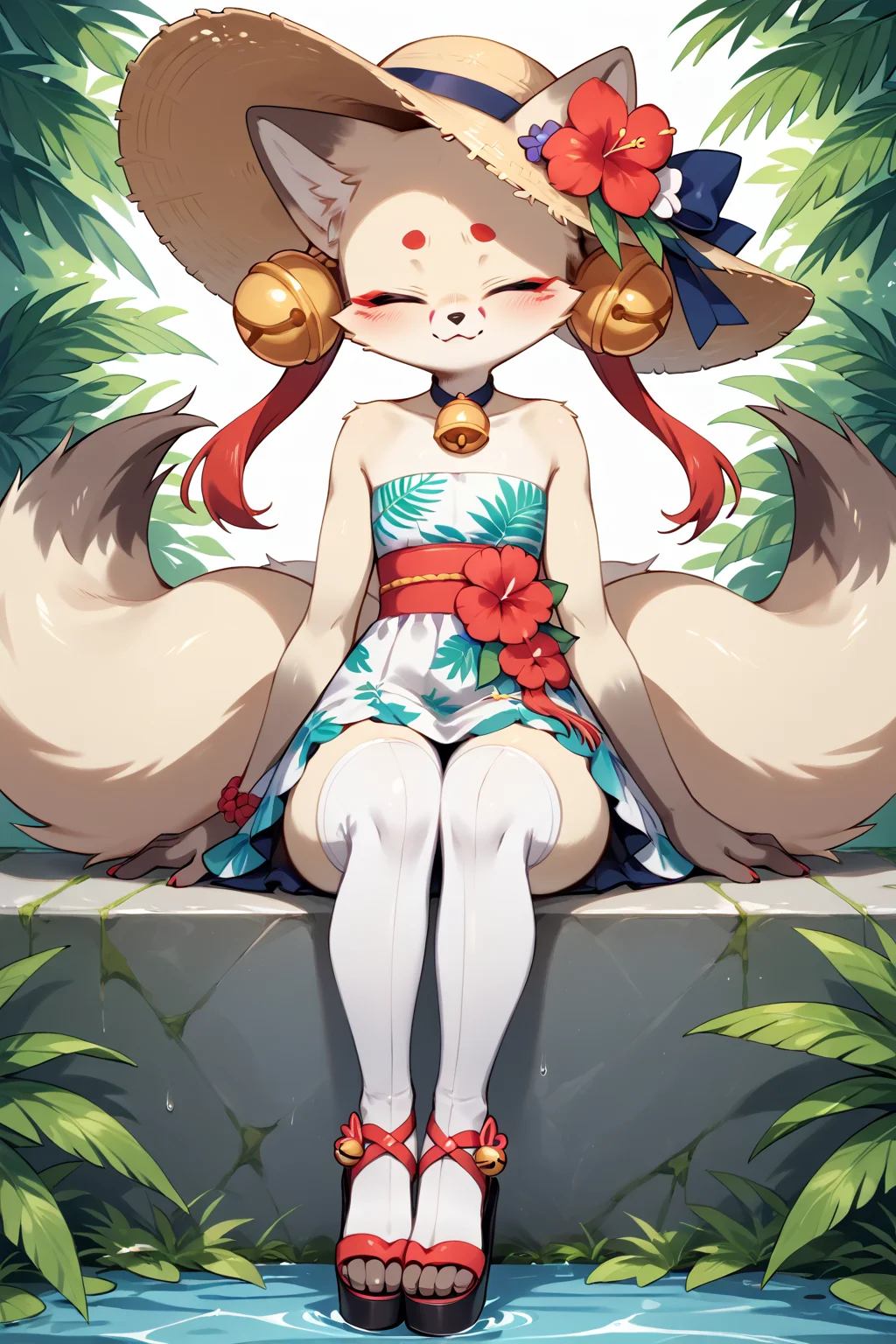 digital media (artwork), hi_res, score_9, score_8_up, score_7_up, score_6_up, score_5_up, score_4_up, BREAK, <lora:Smooth Anime 2 Style SDXL_LoRA_Pony Diffusion V6 XL:0.7>, <lora:Expressive_H:0.8> Expressiveh, <lora:Expressive_H:0.8> Expressiveh, <lora:Miki - JellyEnvy's Oc v2:0.8> Miki, anthro, female, fox, (white fur, white body), flat chested, bell, slim, eyes closed, kemono, thick thighs, wide hips, multi tails, thigh highs, Tropical Paradise: Tropical print dress, floppy hat, and wedge sandals., Sitting with legs crossed hands resting on knees