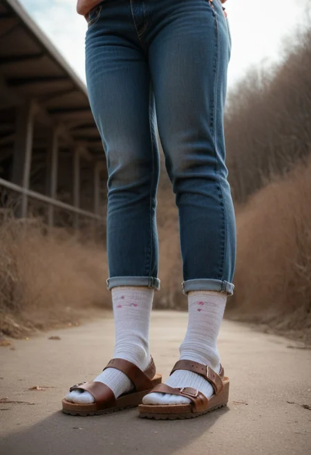 1girl, (brown thicksandals), outdoor,
(from below), (full height), socks, jeans,
(realistic, extreme details, detailed, focus, photorealistic, 16k, highres, true to life)