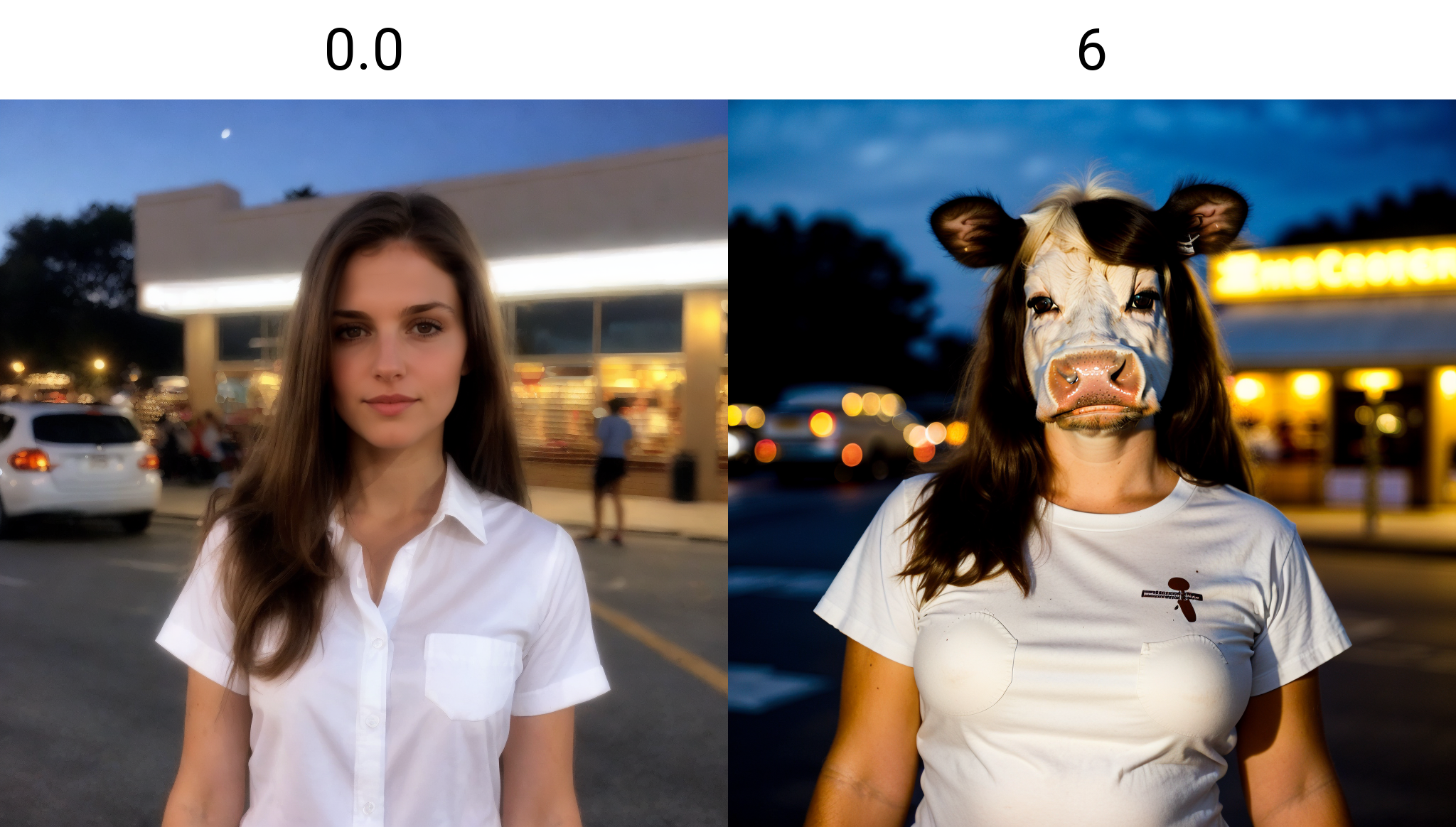 a white woman, long hair, brown hair wearing white shirt <lora:cow_slider_v10:0.0> road, in front of grocery shops, short sleeve, vehicles, night time