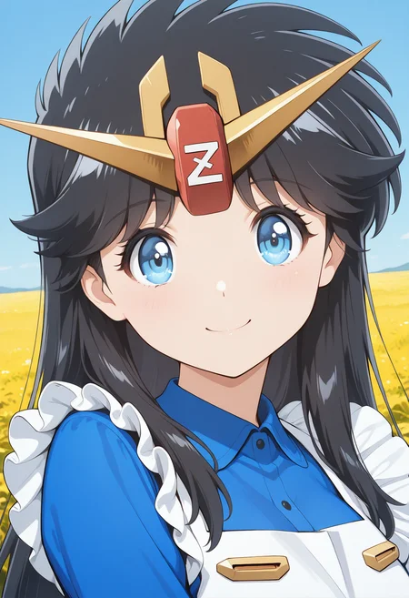 ZetaChan, v-fin, tiara, blue eyes, black hair, long hair, blue dress, long sleeves, white apron, <lora:ZetaChan_illustrious_ver1:0.8>
smile,, masterpiece, best quality, general,, 1girl, solo, (field:1.2), (blue sky:1.2), looking at viewer,, (upper body:1.2), (close-up:1.2), (facing viewer:1.2), (open eyes:1.4), (portrait:1.2)