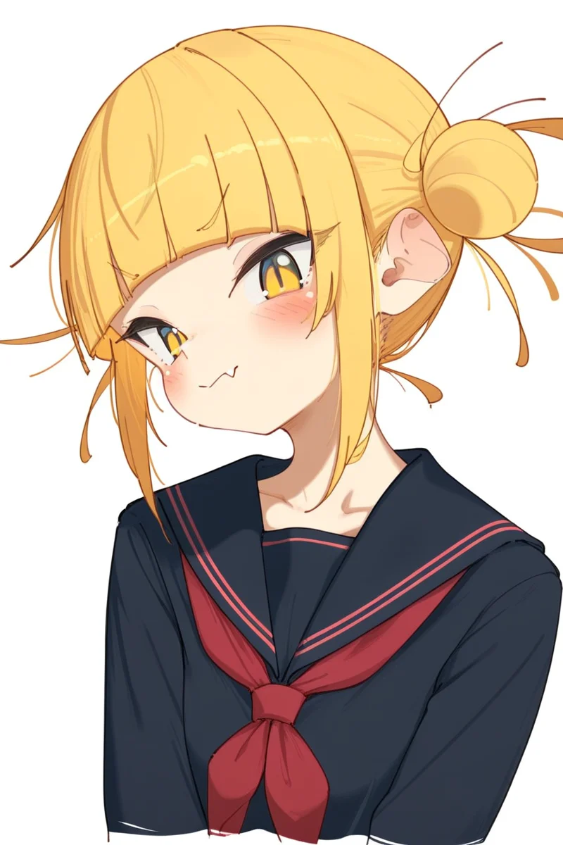 masterpiece, best quality, amazing quality,
 <lora:Rasu_IL:1> rasu, 1girl, solo, red neckerchief, blonde hair, hair bun, bangs, yellow eyes, sailor collar, neckerchief, simple background, white background, blush, school uniform, double bun, fang, skin fang, blunt bangs, sidelocks, serafuku, black shirt, short hair with long locks, looking at viewer, upper body, shirt, tsurime, toga