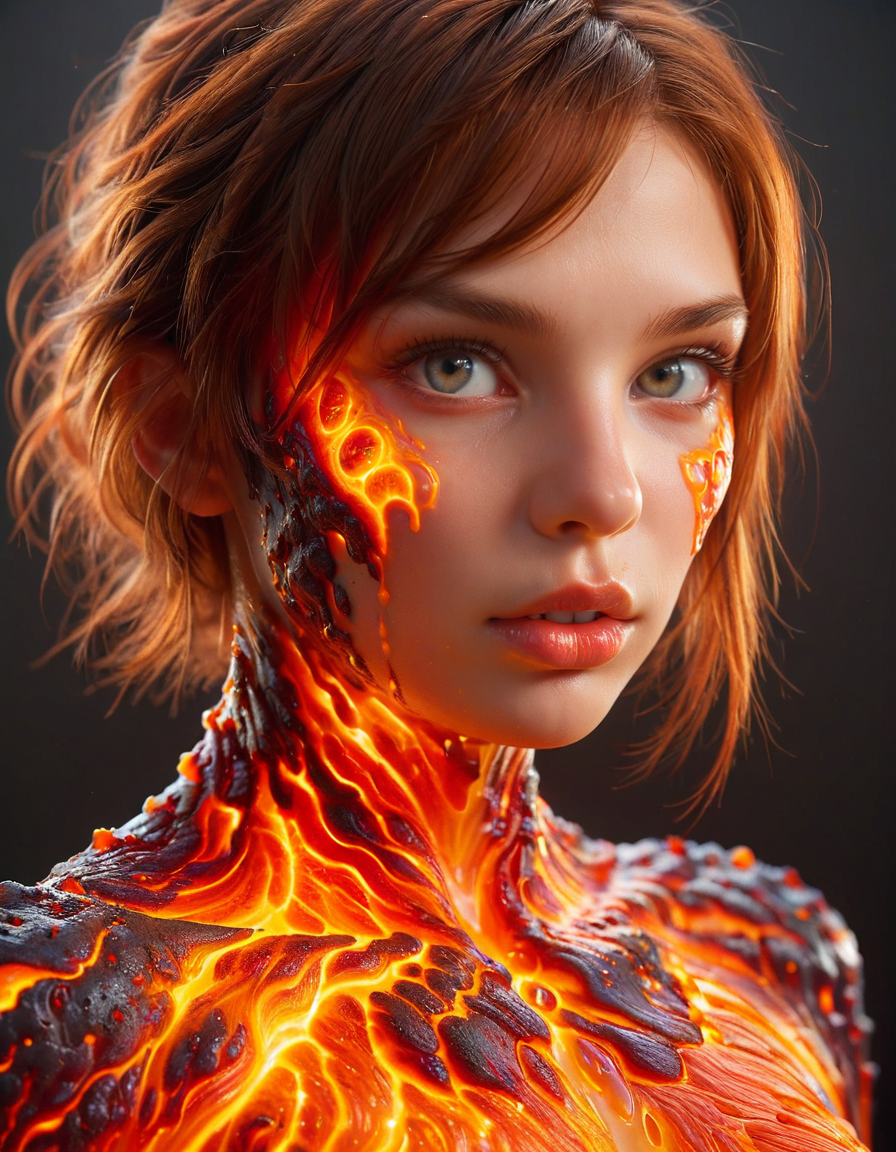 Molten, Lava, Fashion, (sharp focus:1.2), portrait, ((posing)), (beautiful face:1.1), detailed eyes, luscious lips, ((skindentation)), (bright studio lighting:1.2), depth of field, bokeh <lora:ral-lava-sdxl-v2:1> ral-lava