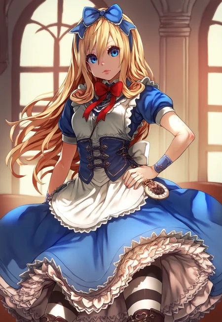 asanagi,  (score_9, score_8_up, score_7_up, :1.2)  detailed, highres, absurdres, a girl standing indoors, 1girl,   solo, standing, looking at viewer, pose, hand on hip, contrapposto , indoors,
blonde hair, blue eyes, 1girl, long hair, dress, bow, hair bow, boots, alice \(alice in wonderland\), blue dress, hairband, apron, frills, ribbon, wrist cuffs, petticoat, corset, pocket watch, 
[[hands]], rating_safe   <lora:sdxl_asanagi_v1:0.6>    <lora:AlicePonyTest:1>